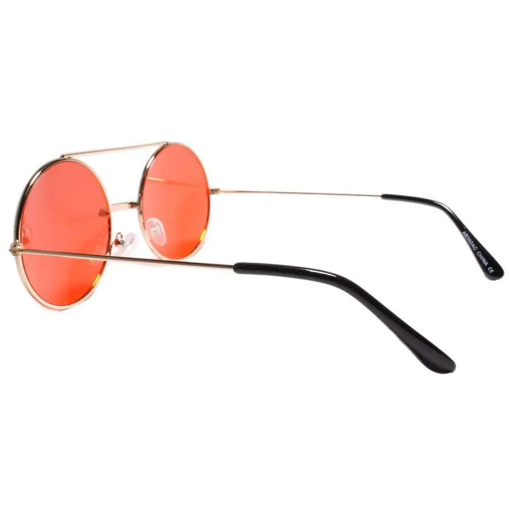 Men Classic Retro Hip Style Sunglasses Round w/ Brow Bar Gold Frame Red Lens